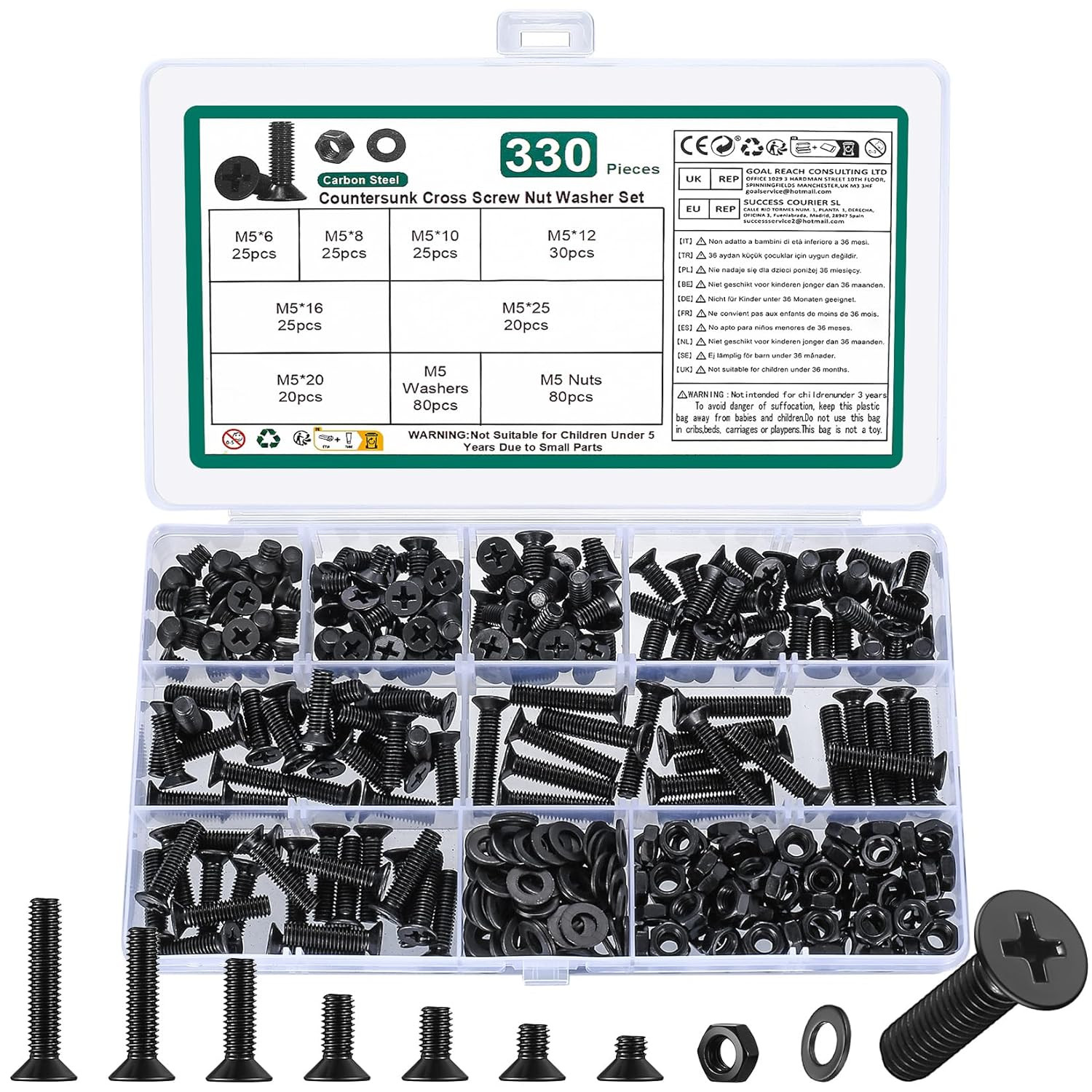 330 Pcs M5 Screws and Nuts Set, M5 Countersunk Bolts and Nuts Assortment, Black