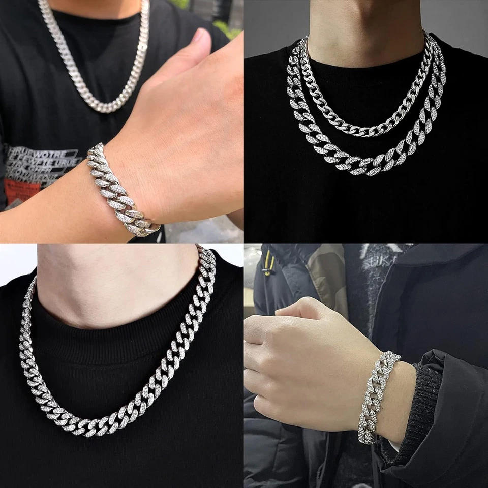Cadena de eslabones cubanos para hombre, collar y pulsera de plata, cadenas cubanas de Miami, bling D Foto 4 de 4