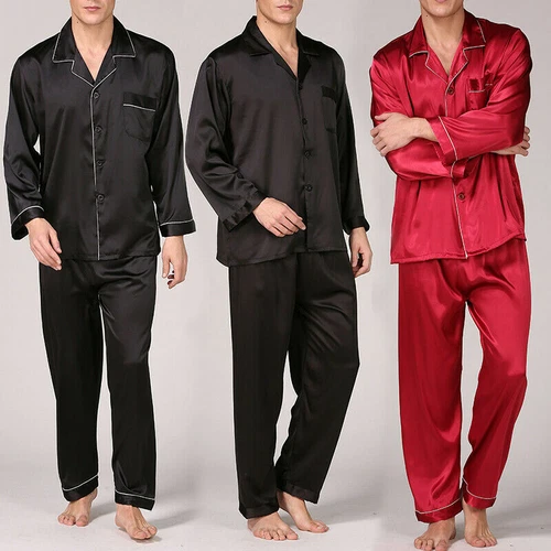 Men's Silk Satin Pajamas Pyjamas Set Long Sleeve Sleepwear Pijama Nightwear - Bild 2 von 50