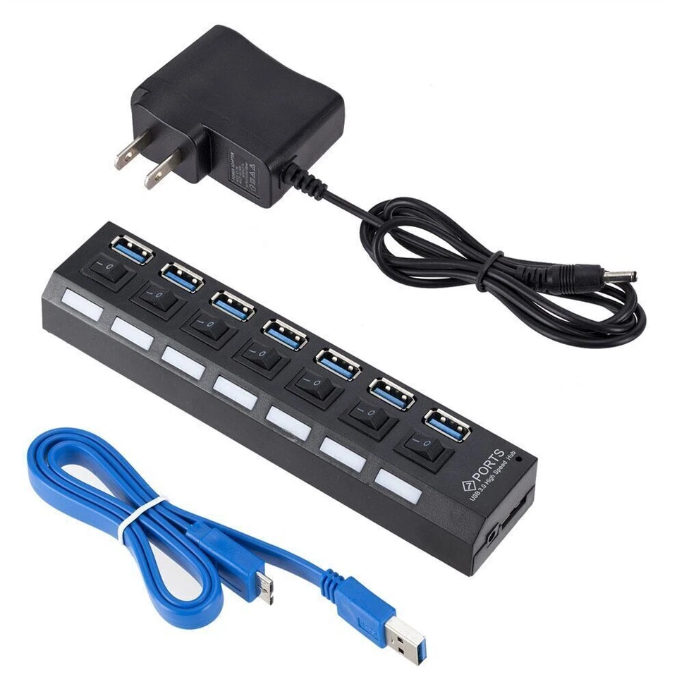 USB 3.0 Hub 7 Port On/Off Switch High Speed Splitter AC Adapter Cable PC Laptop - Image 2 of 4