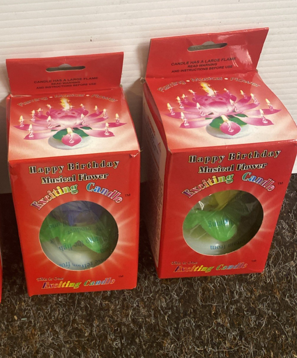 Vtg. Happy Birthday Musical Flower Candle Original Boxes Yellow Or Blue New