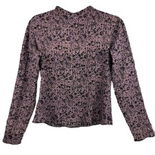 Vtg Crinkle Blouse Top Ditsy Dark Floral 90s Y2K Crew Neck Whimsigoth Cottage S