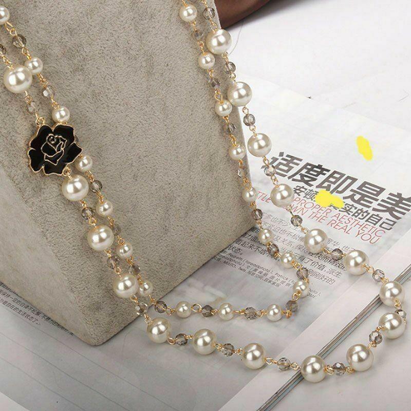 Camellia Pearl Double Layer Necklace Long Women Jewelry Gift Pendant Long  Chain