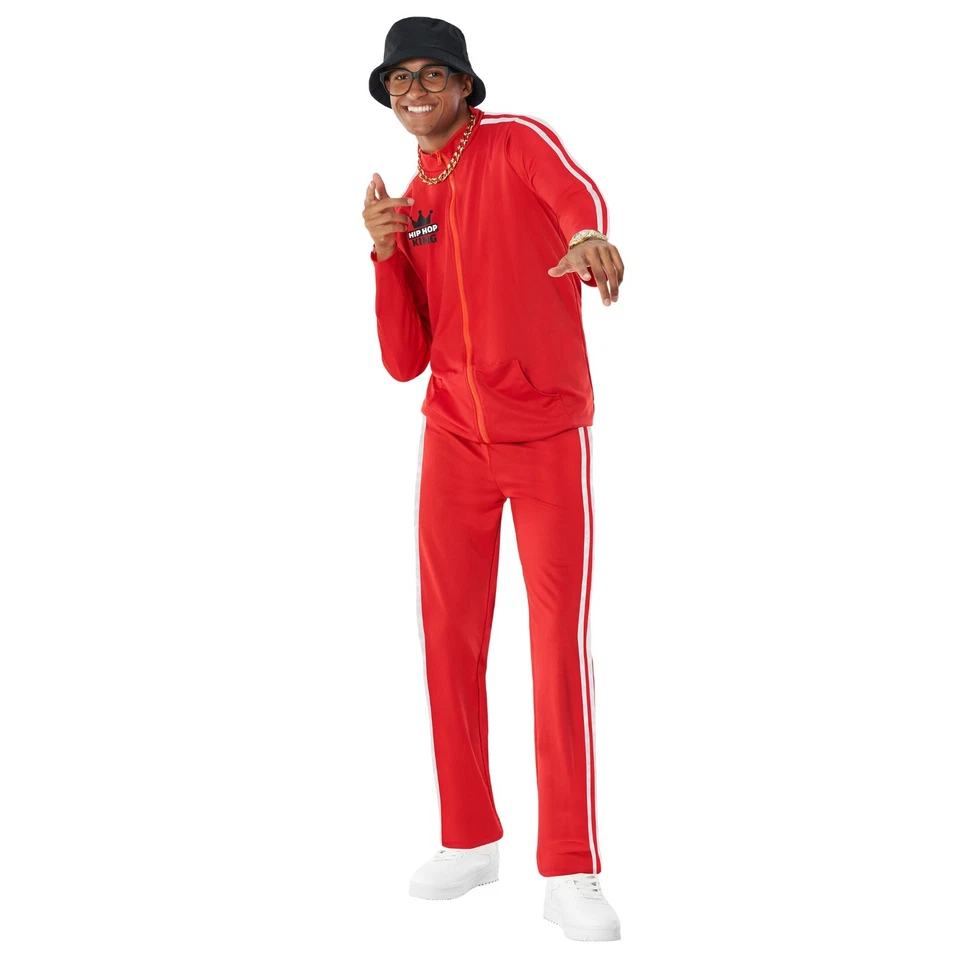 Men`s 1980s Red Rapper Costume + Boombox Adult 90s Hip Hop Tracksuit Halloween - Image 2 of 4