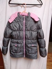 PINK PLATINUM GIRLS GRAY W/ PINK POLKA DOTS HOODED FULL ZIP PUFFER JACKET 14/16