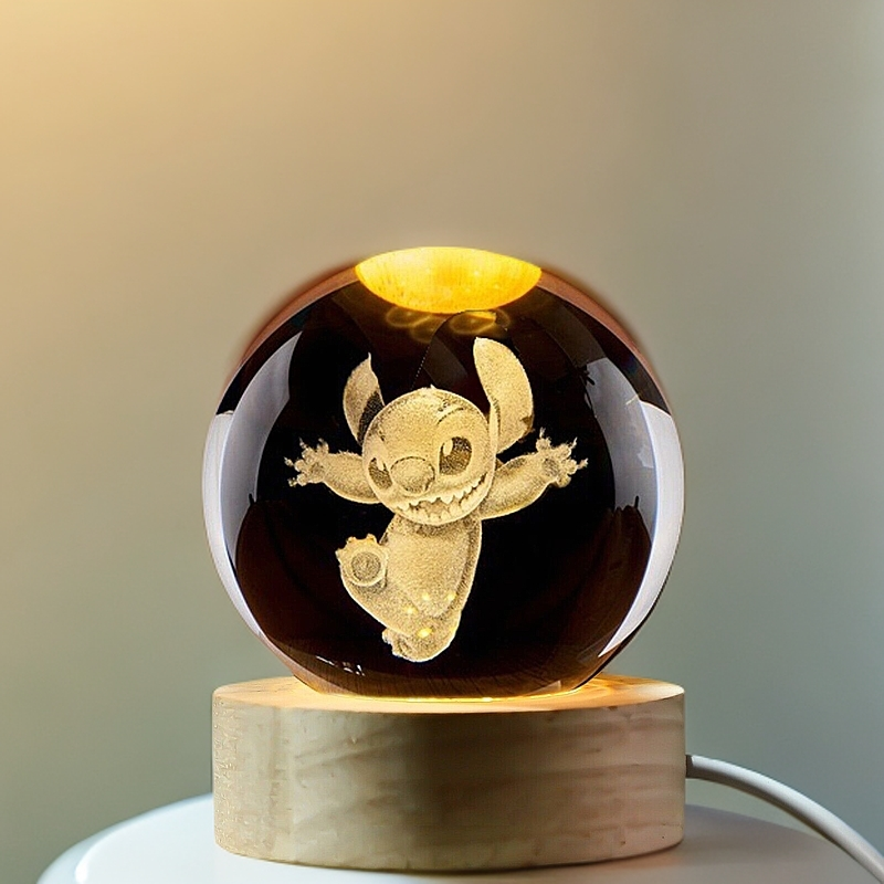 3D Carve Crystal Ball (Stitch C) Night Light with Wooden Base Kids Gift Healing