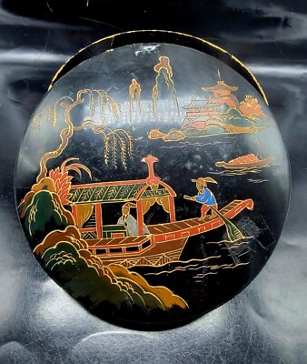 ANTIQUE Japanese Lacquer Wooden Box embossed Boat Scene | eBay