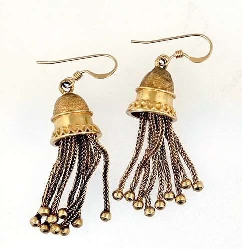 Victorian 14k Gold Long Tassel Earrings, Antique Statement Jewelry - Picture 2 of 12