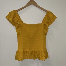 House Of Harlow 1960 Womens Smocked Eyelet Top XL Yellow Cottagecore Coquette