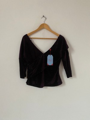 Banned Apparel Damen Top Large Lila Samt V-Ausschnitt 3/4 Arm Gothic Steampunk
