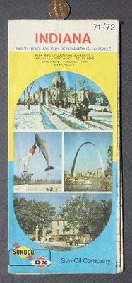1971-72 Sunoco Oil Gas service station State of Indiana road map VINTAGE COOL+