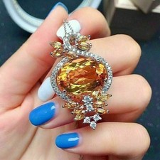 Ciondolo pavone citrino taglio ovale 3 ct creato in laboratorio placcato oro bianco 14 carati catena 16"