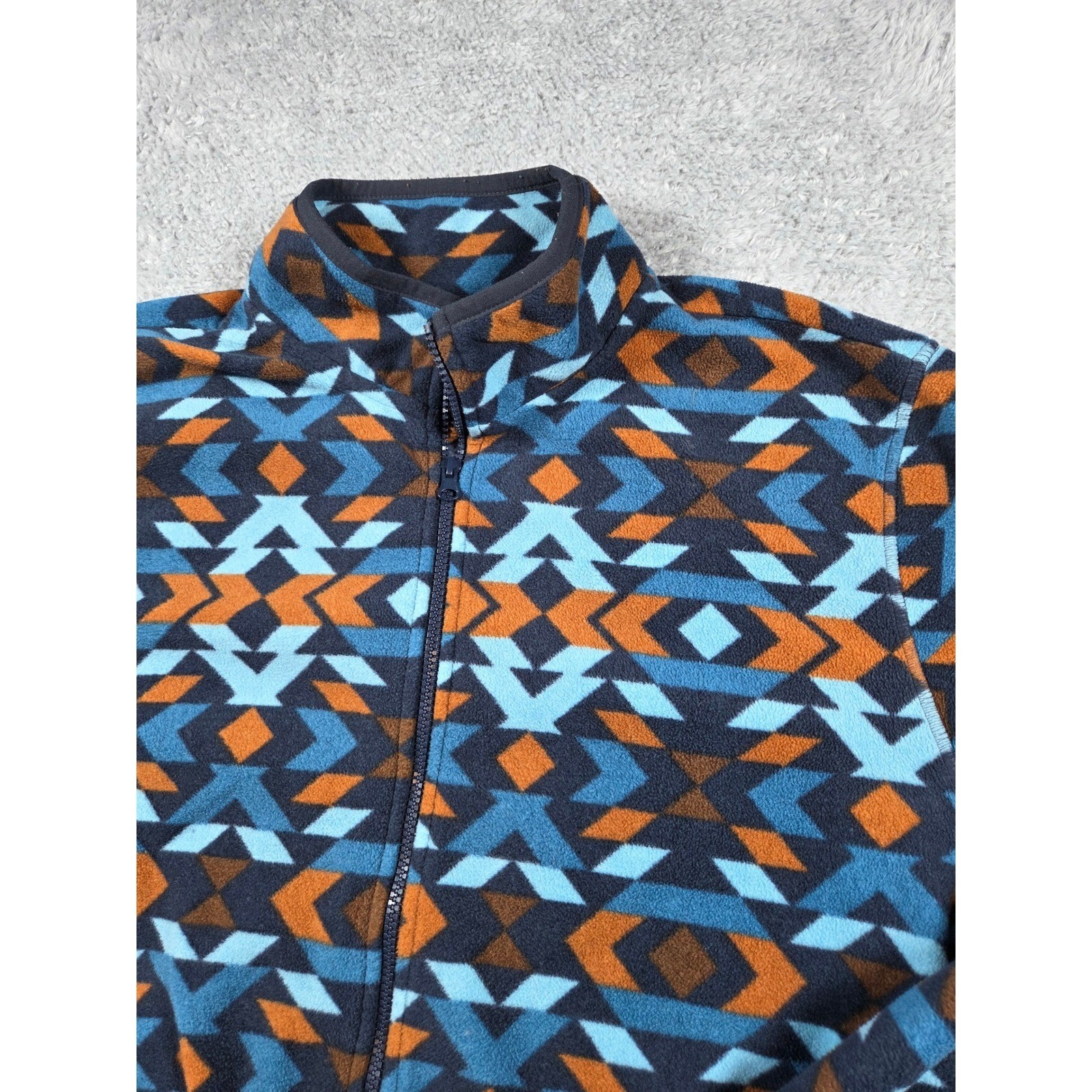 Geometric Pattern Fleece Jacket Full Zip Blue Ora… - image 1