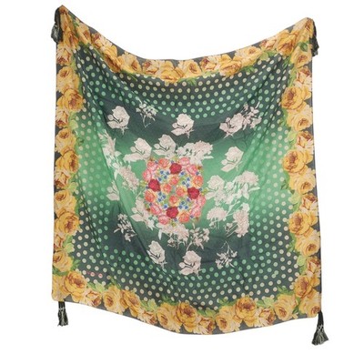 JOHNNY WAS Paza Silk Scarf Tasseled Floral Polka Dot Pattern 42x42