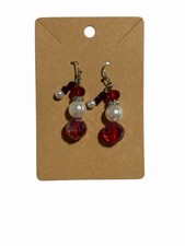 Handmade Christmas Snowman Drop Earrings Red White Pearl Rhinestone Holiday