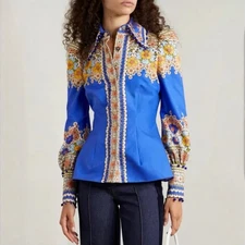 Zimmermann Cosmic Zodiac Shirt Size 2 / 12 AU / 8 US Body Blue Floral Blouse Top