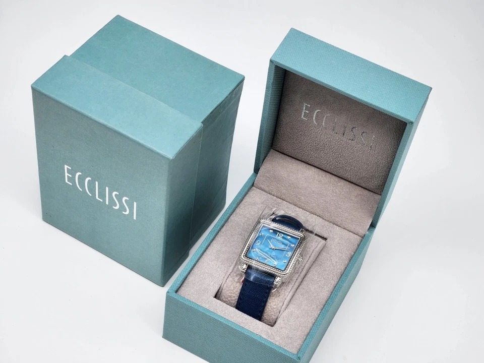 Ecclissi Sterling Silver 925 Mother Of Pearl Leather Band Tank Watch New Battery - Image 2 of 4