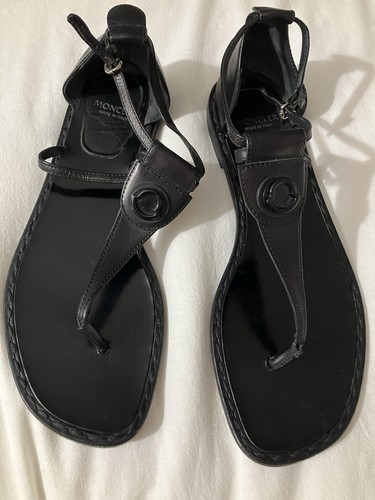 MONCLER Black Leather Thong Sandals Ankle Strap Buckle Logo EU 41 Italy