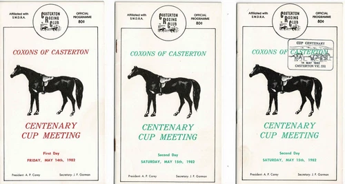 Horse racing 1982 Coxons od Casterton pair meeting programs 1 postmark & signed