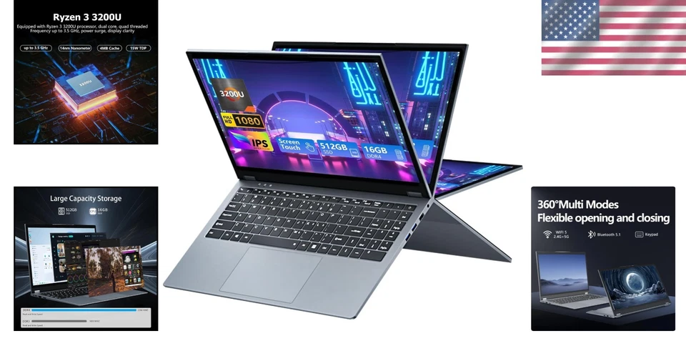 360° Rotating Touch Screen Laptop 16GB RAM 512GB SSD WiFi 5 - Image 2 of 4