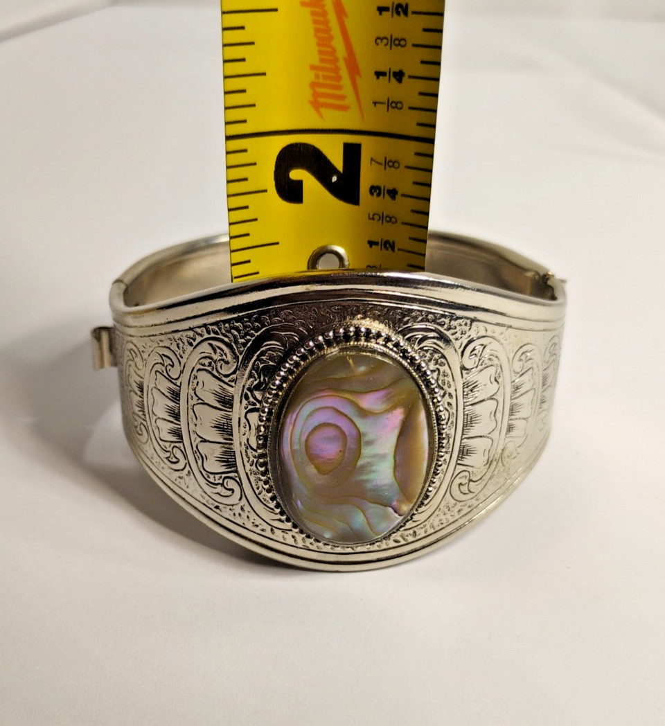 Vintage Abalone Shell Hinged Bangle Bracelet Silv… - image 6