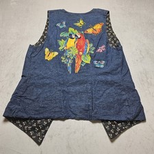 Vintage Denim Vest Embroidered Parrots Butterflies Birds Boho Hippie Western Lg