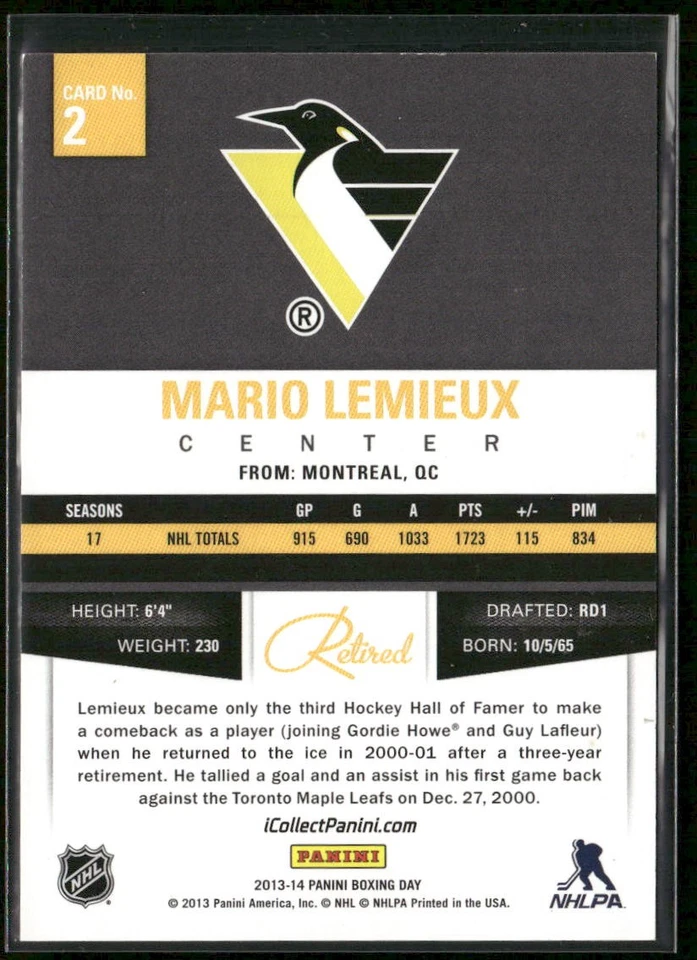 2013 Panini Boxing Day Mario Lemieux Retired #2 Pittsburgh Penguins - Image 2 of 2