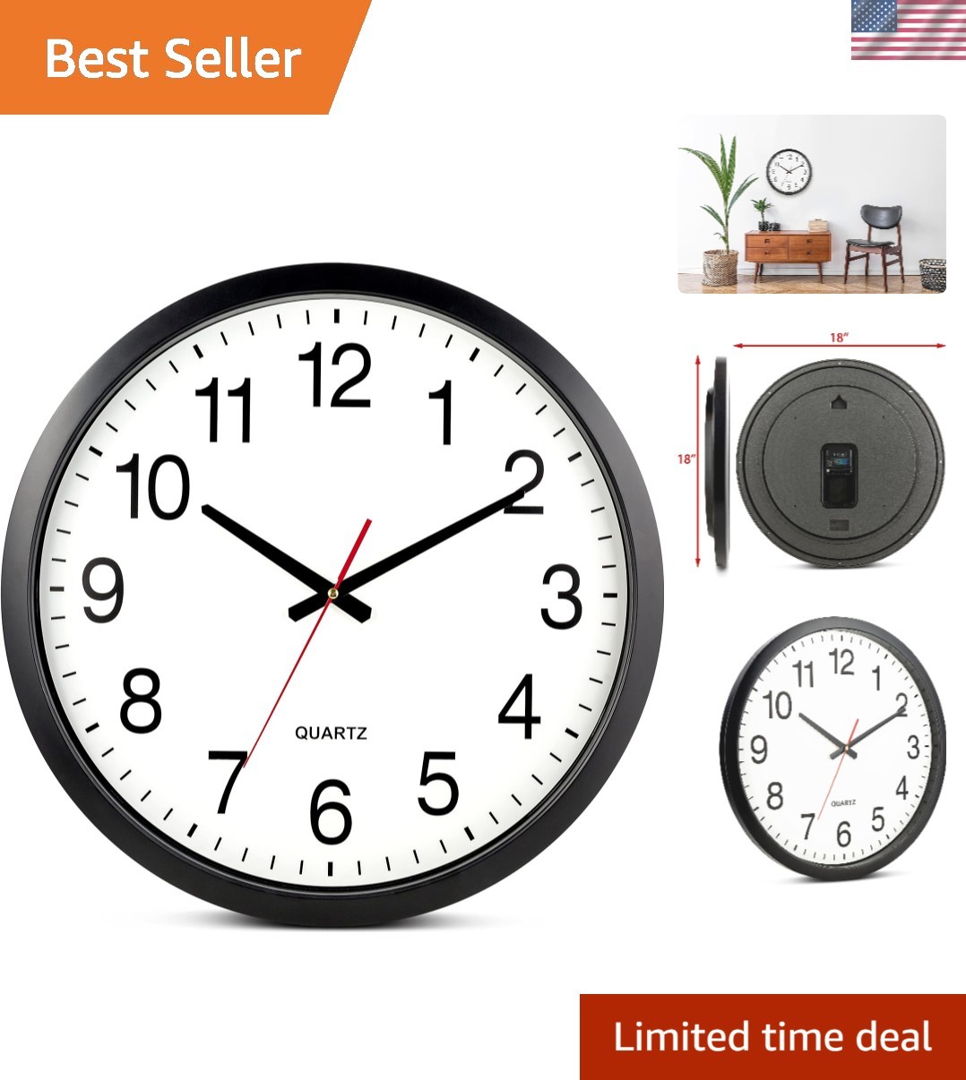 XL 18-Inch Silent Black Wall Clock - Modern Quartz Timepiece for Home/Office