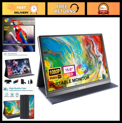 15.6'' Portable 1080P FHD Monitor, USB-C HDMI Gaming Display, HDR IPS, Cover & Sp