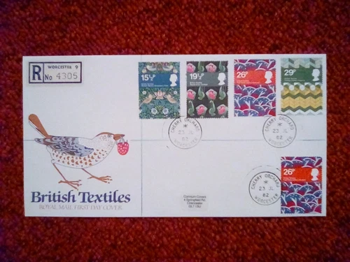 GB FDC 1982 BRITISH TEXTILES CHERRY ORCHARD SINGLE RING P/MARK REGISTERED