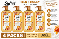 4 Packs Suave Milk Honey Moisturizing Body Wash Glycerin Vitamin E 30 fl oz
