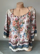 Angie Boho Top S Small Off Shoulder Shirt Floral Lace Granola Rayon 70s Bohemian