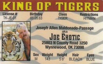 the King of Tigers hitman novelty ID Card Drivers License TIGER KING 