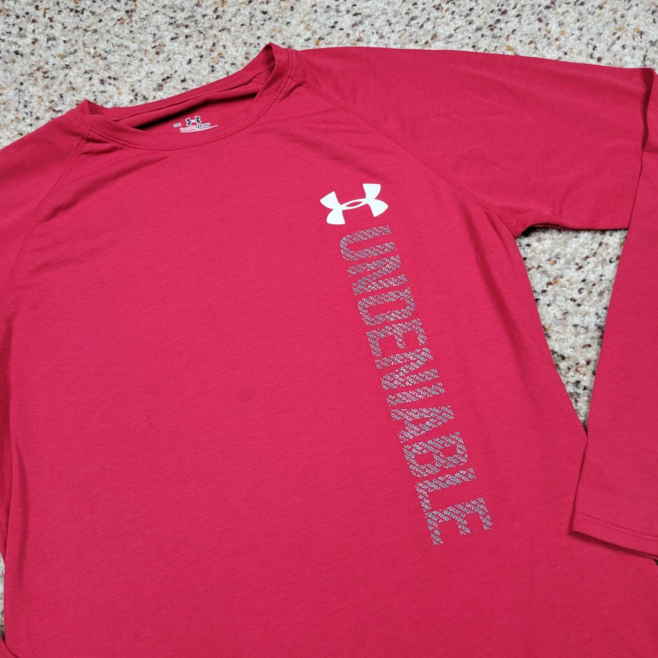 Under Armour Shirt Women Small Red Lightweight Long Sleeve Spell Out Heatgear * - Image 2 of 4