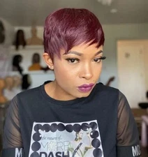 Short Wave Pixie Cut 100% Brazilian Virign Human Hair Fashion Burgundy Wigs USA 
