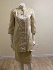 Vintage Ira Rentner Original Skirt Suit S/M Beige Satin Embroidered Buttons