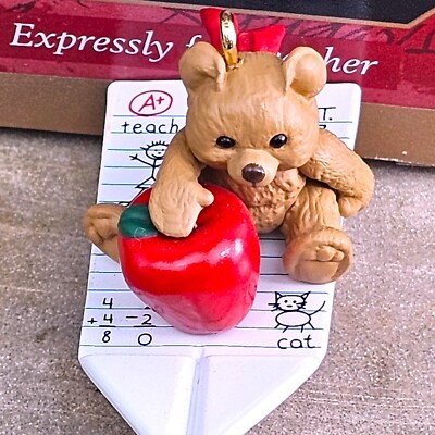 VTG Hallmark Ornament Expressly For Teacher Bear Apple Paper Plane Report Card