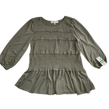 Fever Women's Printed Ruffled Ruched Top Vetiver Large