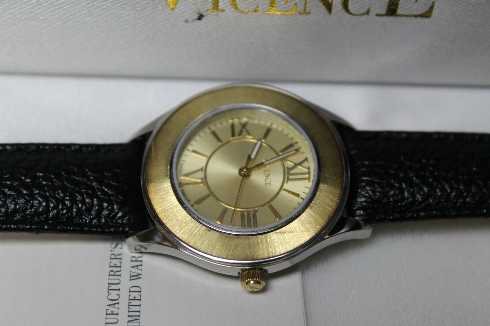 VICENCE STAINLESS WATCH w/ COWHIDE BAND & 14k GOLD BEZEL