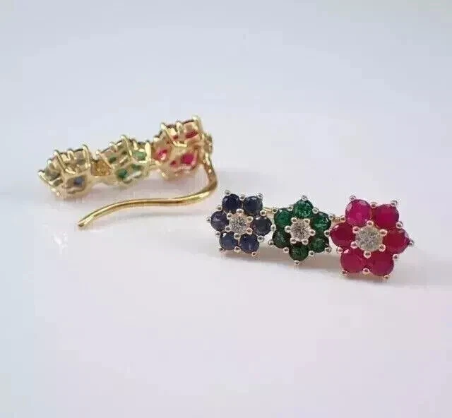 3Ct Lab Created Emerald Ruby Sapphire Women Earrings 14k Yellow Gold Plated - Image 1 of 3