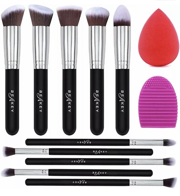 BEAKEY Makeup Brush Set (10+2pcs, Black/Silver) Synthetic Foundation Face Pow...