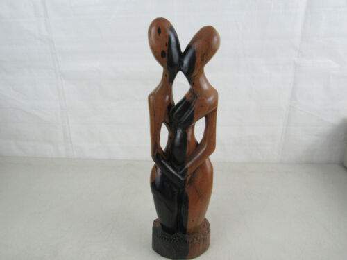 Vintage African Wooden Sculpture Man & Woman Kissing-14 1/4" Tall - Picture 1 of 12