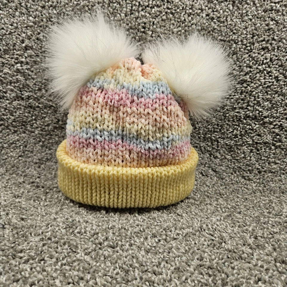 Gorro Tejido Hecho a Mano Pequeño 12-24Mo Amarillo Pastel Cálido Suave Pom Pom Elástico Foto 3 de 4