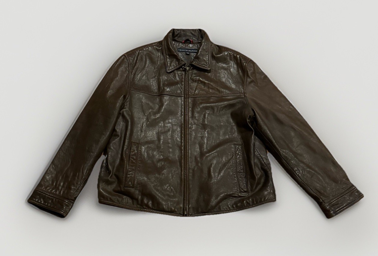 Vintage Tommy Hilfiger Soft Brown Leather Bomber Jacket XL Herringbone Lined Y2K