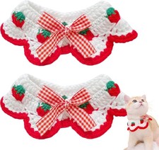 2 Pcs Cat Knitted Collar Cute Strawberry Pattern Scarf Adjustable Kitten Bib Bow