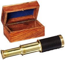 Miniature Pull-Out Telescope  All-Brass w  Faux Leather  Nautical Box 6.5 in