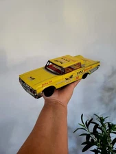 Vintage 1960s Taiyo Tin Friction Ford Taxi Yellow Cab 66 Toy Car Made In Japan 