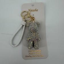 NEW Natasha Rhinestone Crystal Teddy Bear Bag Charm / Keychain - White Silver