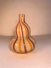 Murano Style Hand Blown Cased Glass Gourd Vase Orange & Red Vertical Stripes