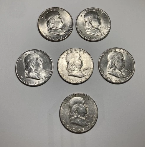 Lot of 6 BENJAMIN FRANKLIN 90% SILVER HALF DOLLARS AU CONDITION LOW MINTAGE NICE